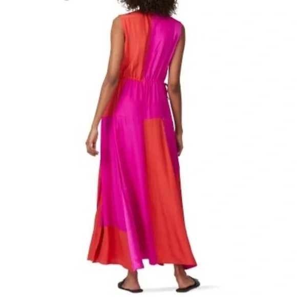 Casual Dresses Red Pink Colorblock Dress AMUR Women's Orange Pink Colorblock  100% Silk Lotta Ruched Maxi